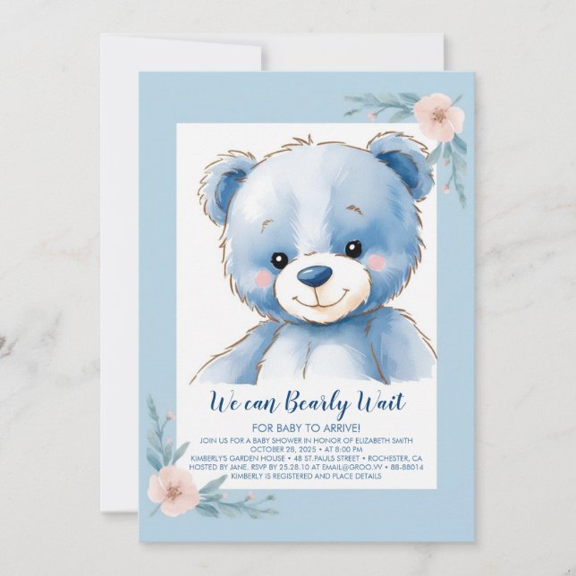 Fluffy blue bear invitation (Front)