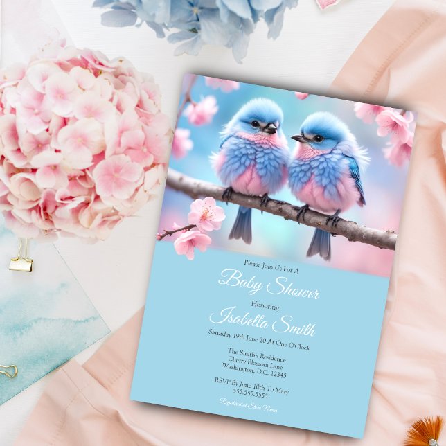  Fluffy Bluebirds and Cherry Blossom Baby Shower Invitation (A sweet baby shower invitation for twins or gender reveal party!)