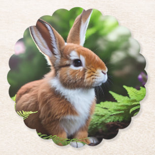 Fluffy Brown And White Bunny Rabbit, Paper Coaster