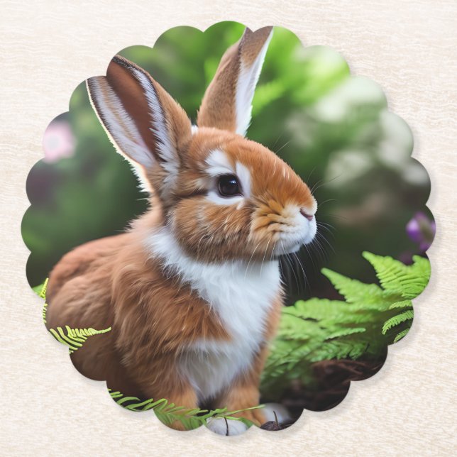 Fluffy Brown And White Bunny Rabbit, Paper Coaster (Front)