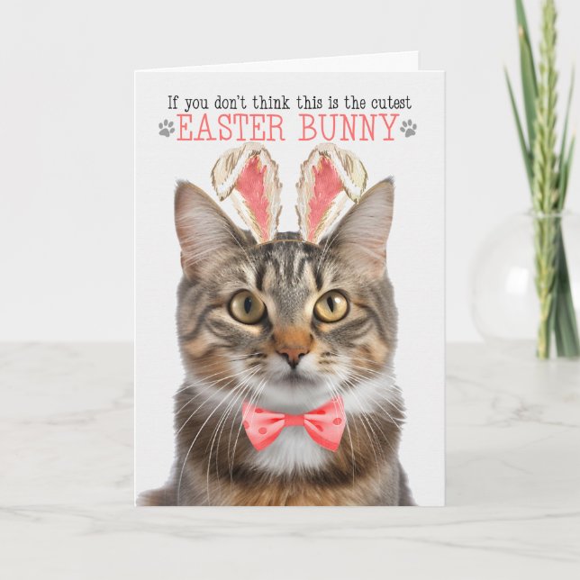 Fluffy Brown Tabby Cat in Bunny Ears for Easter Holiday Card (Front)