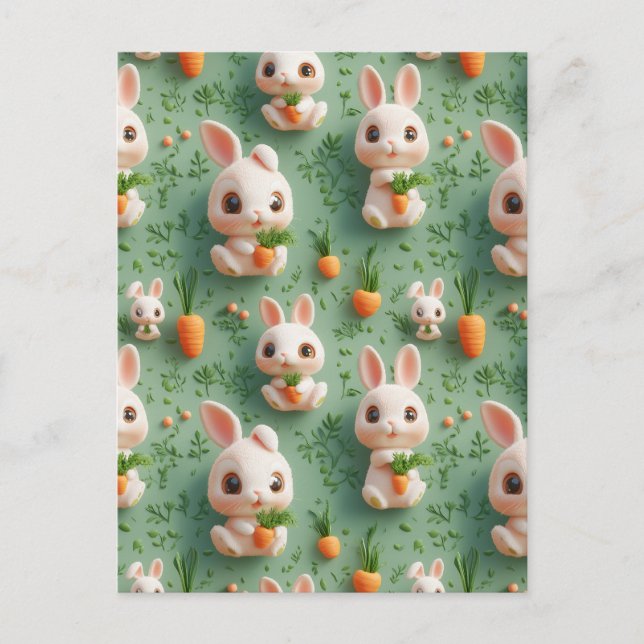 Fluffy Bunnies and Carrots 3D Seamless Pattern Postcard (Front)
