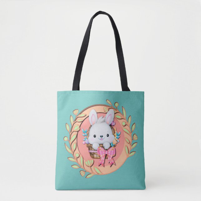 Fluffy Bunny Sitting in Easter Basket 3D Design Tote Bag (Front)