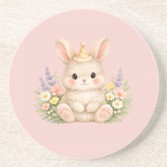 Fluffy Bunny Wildflower Design for Charming Garden Coaster (Front)