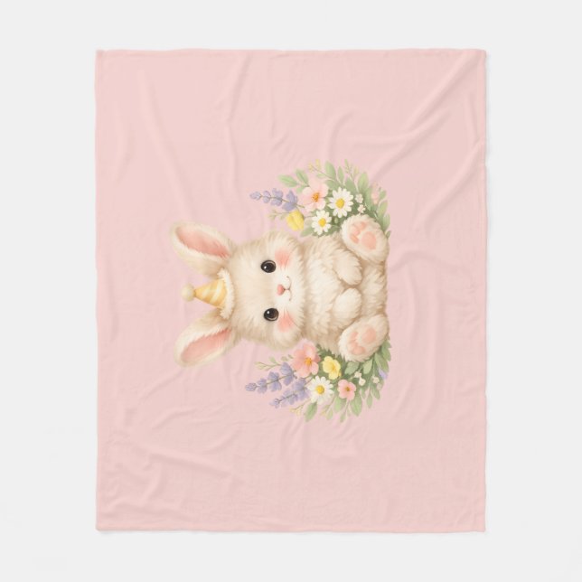 Fluffy Bunny Wildflower Design for Charming Garden Fleece Blanket (Front)