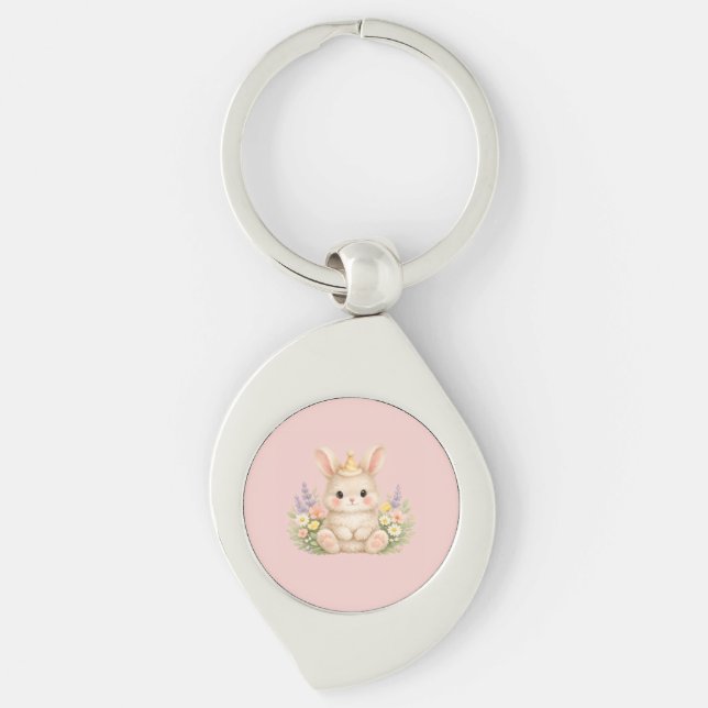 Fluffy Bunny Wildflower Design for Charming Garden Key Ring (Front)