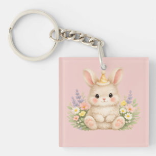Fluffy Bunny Wildflower Design for Charming Garden Key Ring