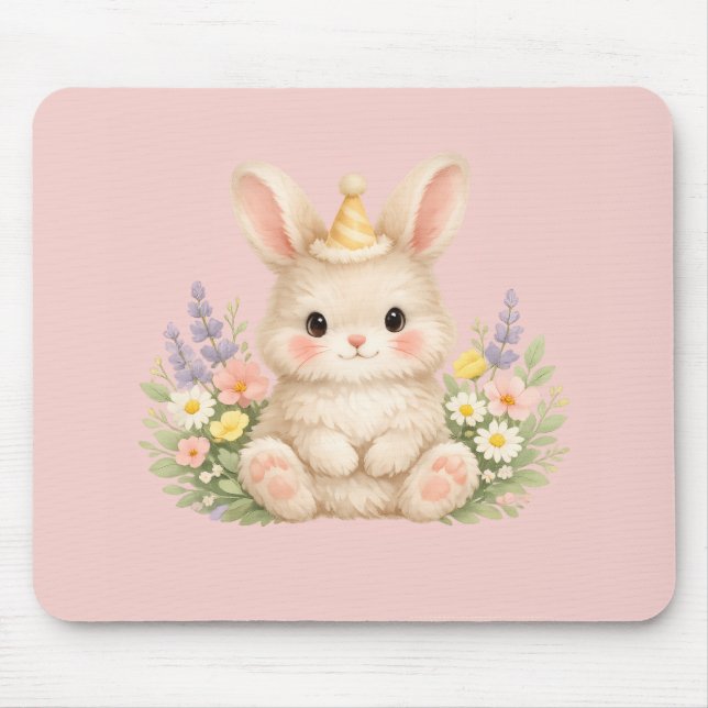 Fluffy Bunny Wildflower Design for Charming Garden Mouse Pad (Front)