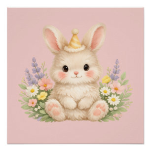 Fluffy Bunny Wildflower Design for Charming Garden Poster