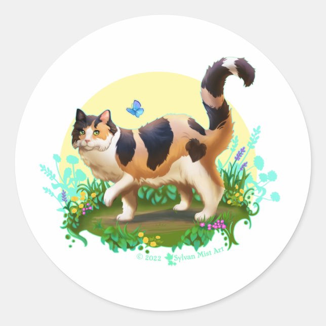 Fluffy Calico Cat with Butterfly Classic Round Sticker (Front)
