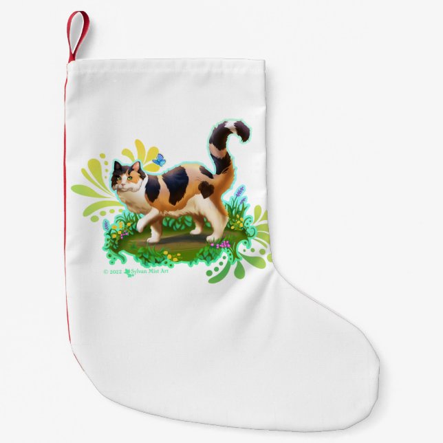 Fluffy Calico Cat with Butterfly Small Christmas Stocking (Front)