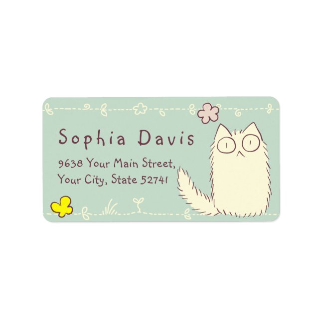 Fluffy Cat and Yellow Butterfly Custom text Label (Front)