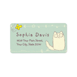 Fluffy Cat and Yellow Butterfly Custom text Label