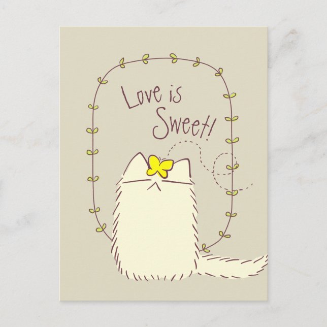Fluffy Cat and Yellow Butterfly Custom text Postcard (Front)