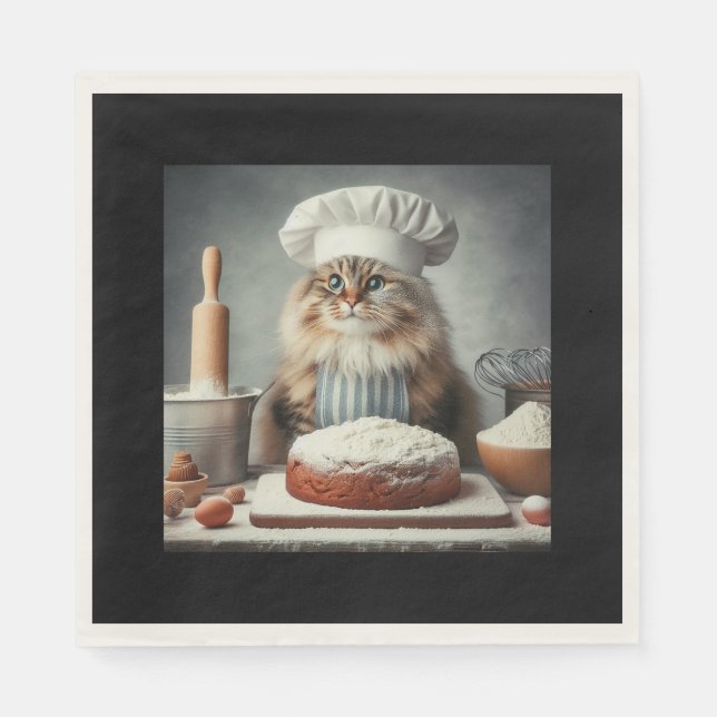 Fluffy cat baking a cake napkin (Front)