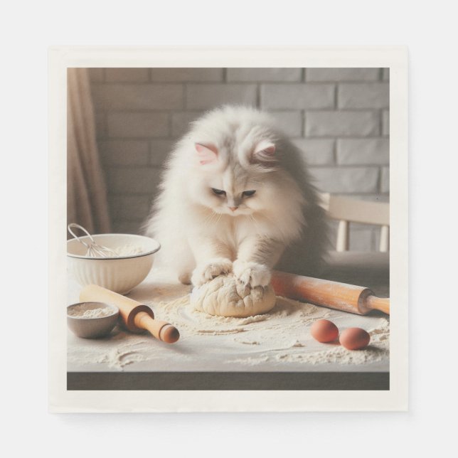Fluffy cat baking a pizza base napkin (Front)