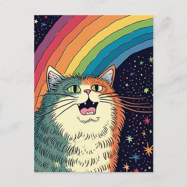Fluffy Cat in Space With Rainbow Postcard (Front)