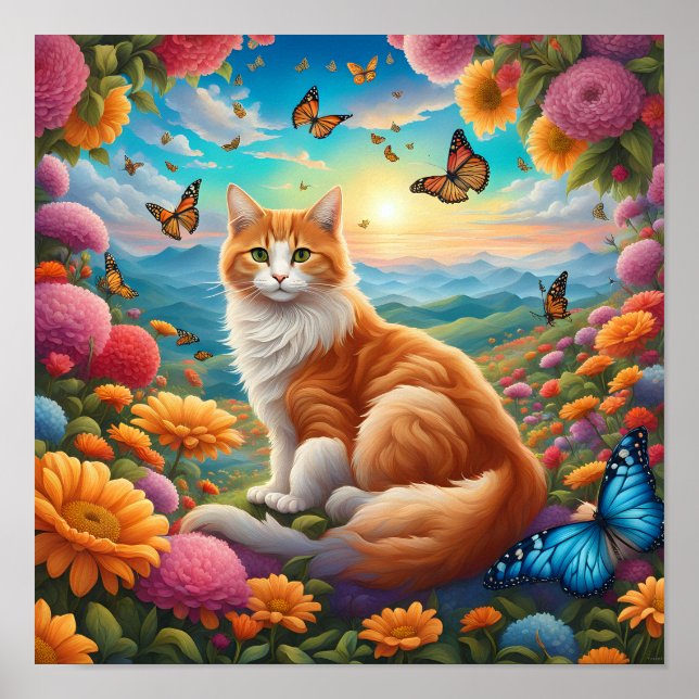 Fluffy Cat Sitting in a Field of Flowers Poster (Front)