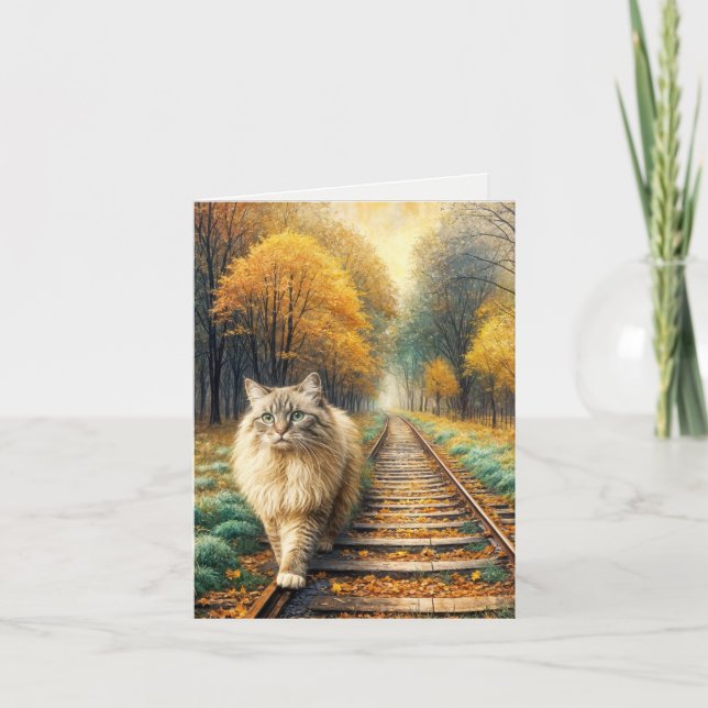 Fluffy Cat Walking Down Railroad Tracks Card (Front)
