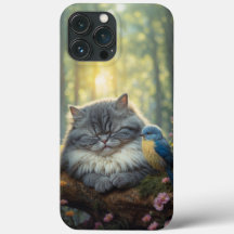Fluffy cat with bird friend illustration