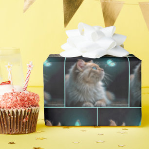 Fluffy Cat With Neon Butterfly Wrapping Paper