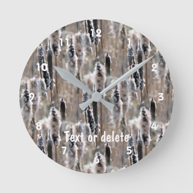 Fluffy Cattails Nature Pattern Personalised Round Clock (Front)