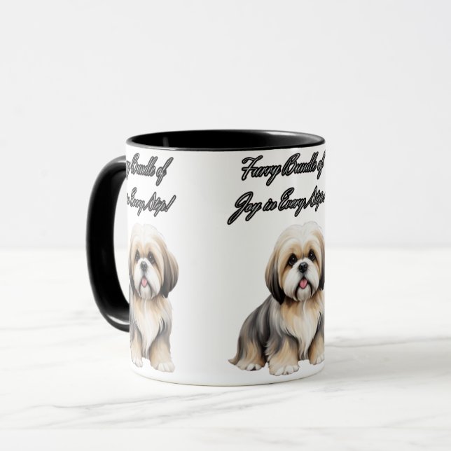 Fluffy Charm: Light Brown, Grey, and White Dog Mug (Front Left)