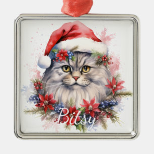 FLUFFY CHRISTMAS HOLIDAY CAT FACE METAL TREE DECORATION