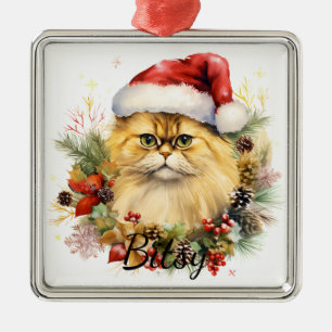 FLUFFY CHRISTMAS HOLIDAY CAT FACE METAL TREE DECORATION