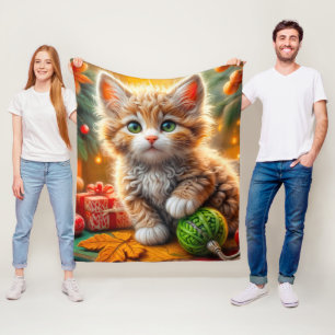 Fluffy Christmas Kitten Throw Pillow Fleece Blanket