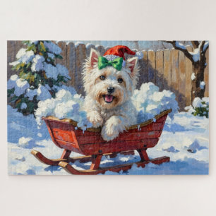 Fluffy Coton de Tulear Dog Vintage Christmas Sled  Jigsaw Puzzle