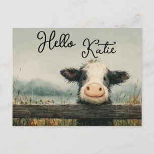 Fluffy Cow Peeking Over a Fence in the Rain Holiday Postcard