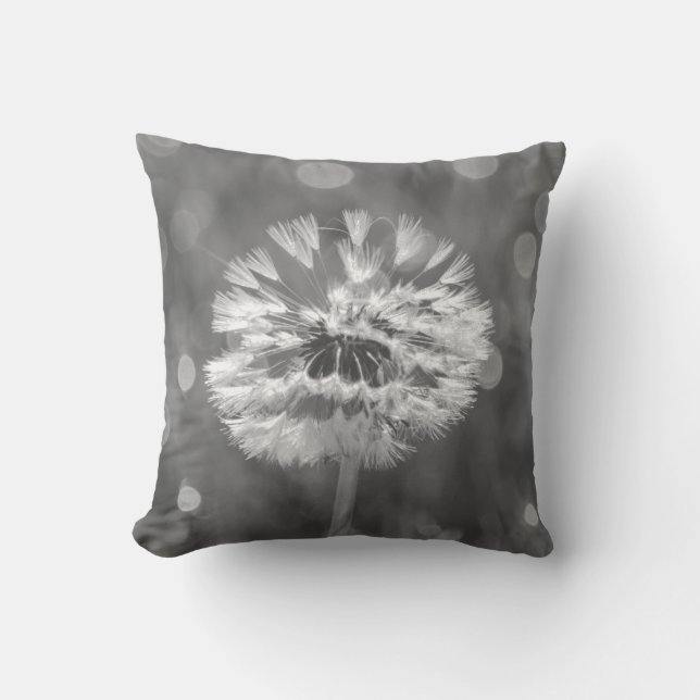 Fluffy Dandelion Black and White Flower Cushion (Front)
