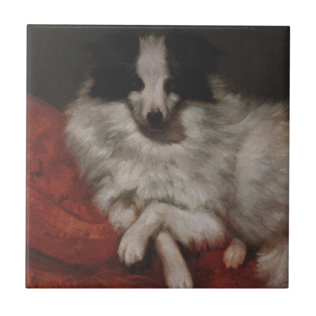 Fluffy Dog Sitting on a Cushion (Gustave Courbet) Tile (Front)