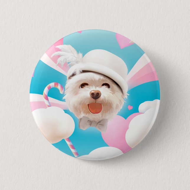 Fluffy Dog with White Hat 6 Cm Round Badge (Front)