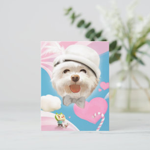 Fluffy Dog with White Hat Announcement Postcard