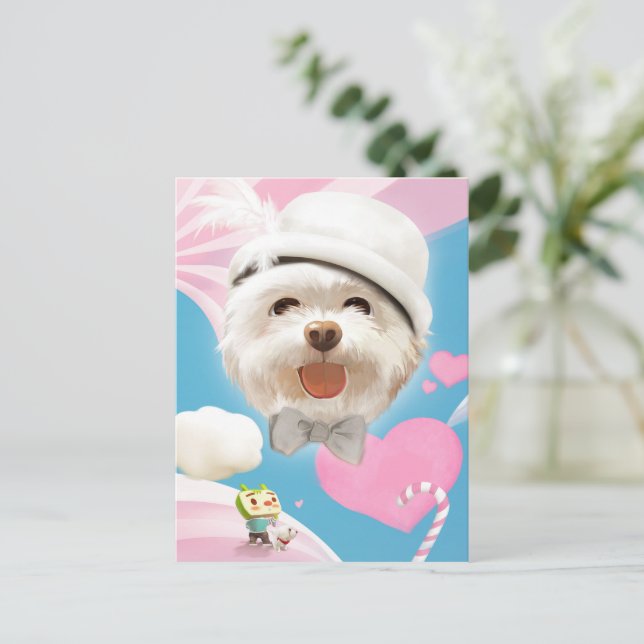 Fluffy Dog with White Hat Announcement Postcard (Standing Front)