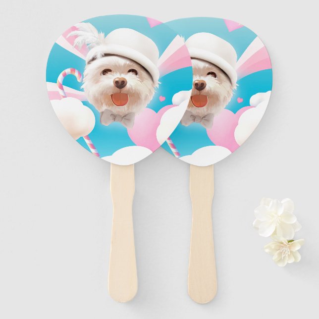 Fluffy Dog with White Hat Hand Fan (Front and Back)