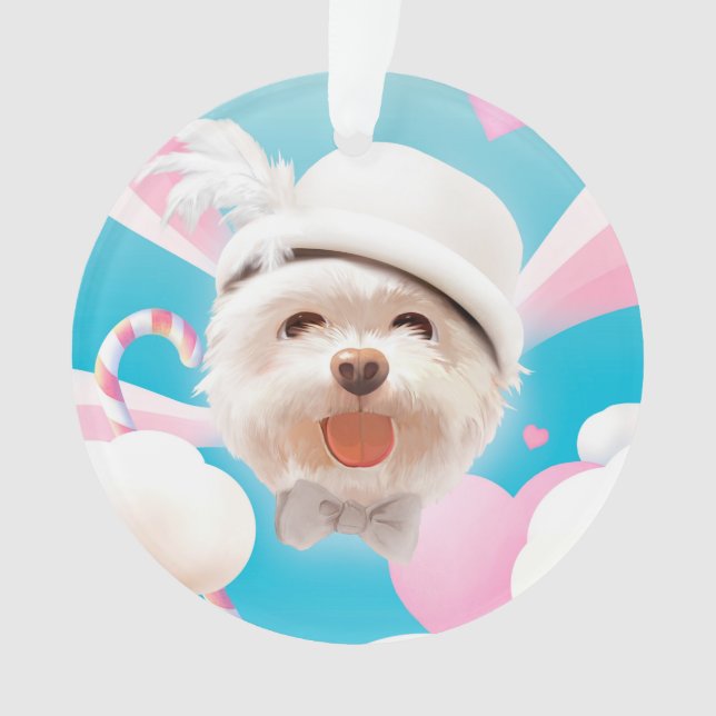 Fluffy Dog with White Hat Ornament (Front)