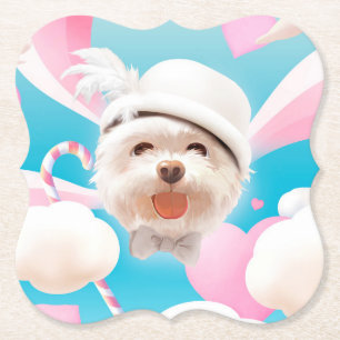 Fluffy Dog with White Hat Paper Coaster