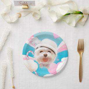 Fluffy Dog with White Hat Paper Plate