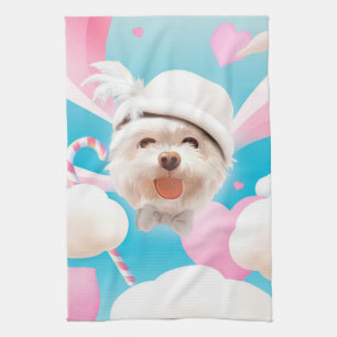 Fluffy Dog with White Hat Tea Towel