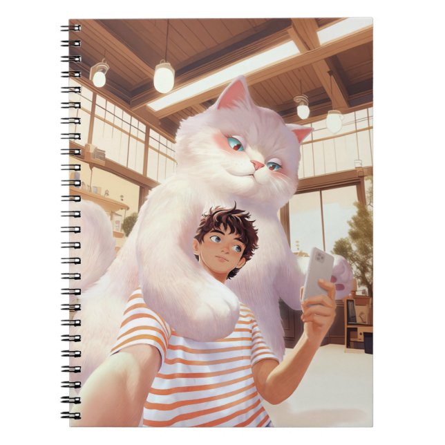Fluffy Giant: White Cat Selfie at Retro Cafe Notebook (Front)