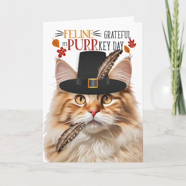 Fluffy Ginger Tabby Cat Grateful for PURRkey Day Holiday Card (Front)