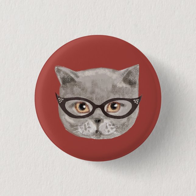 Fluffy grey cat wearing glasses 3 cm round badge (Front)