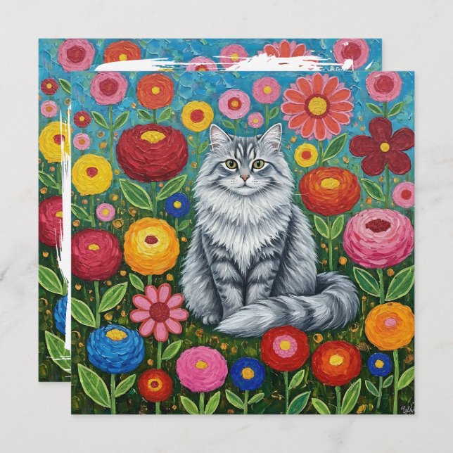 Fluffy Grey Striped Cat with Folk Art Flowers Card (Front/Back)
