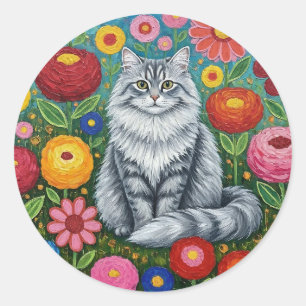 Fluffy Grey Striped Cat with Folk Art Flowers Classic Round Sticker
