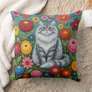 Fluffy Grey Striped Cat with Folk Art Flowers Cushion