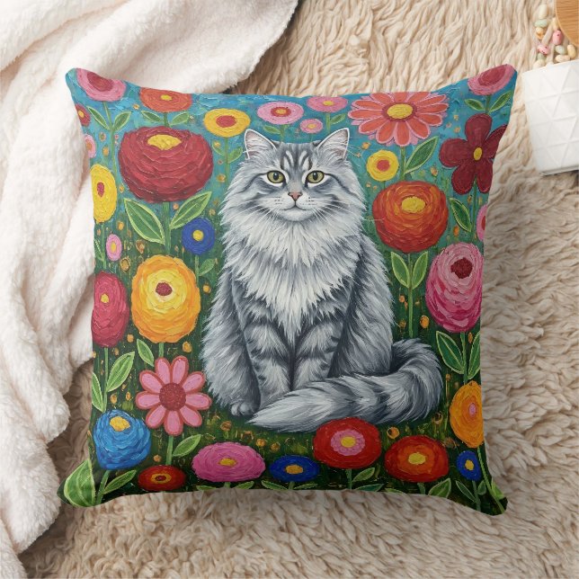 Fluffy Grey Striped Cat with Folk Art Flowers Cushion (Blanket)