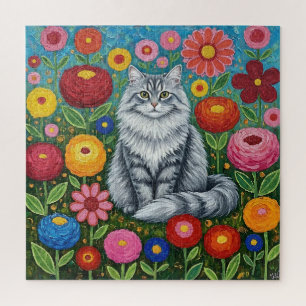 Fluffy Grey Striped Cat with Folk Art Flowers Jigsaw Puzzle
